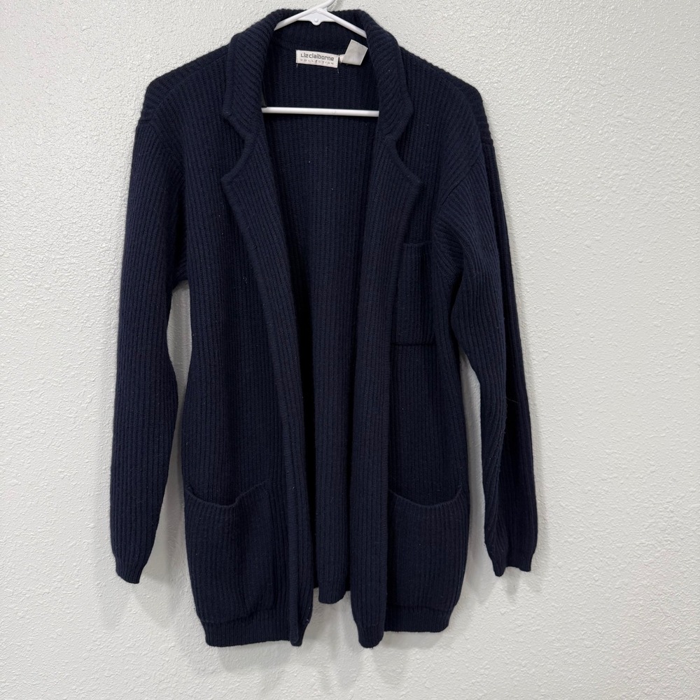 Liz Claiborne Collection Navy Ribbed Blazer‎ Cardigan Sweater Women S Lambswool